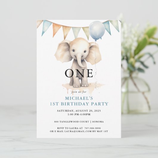 水彩エレファントブルー1st誕生日 招待状 (スタンド正面)