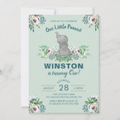 水彩エレファントミントグリーンフローラ1st誕生日 招待状 (正面)