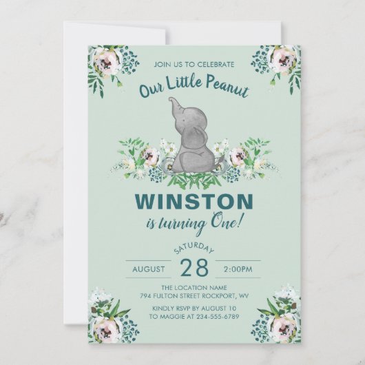 水彩エレファントミントグリーンフローラ1st誕生日 招待状 (正面)