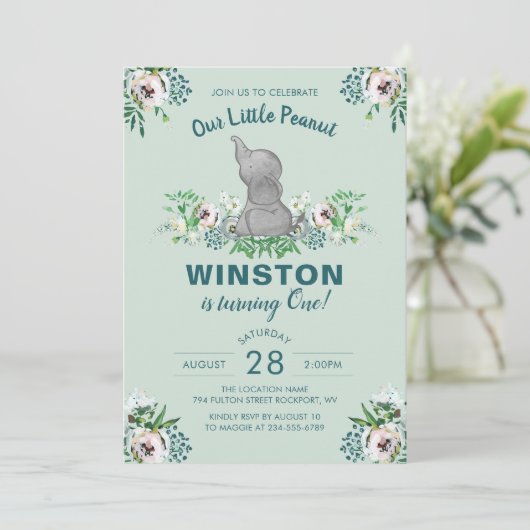 水彩エレファントミントグリーンフローラ1st誕生日 招待状 (スタンド正面)