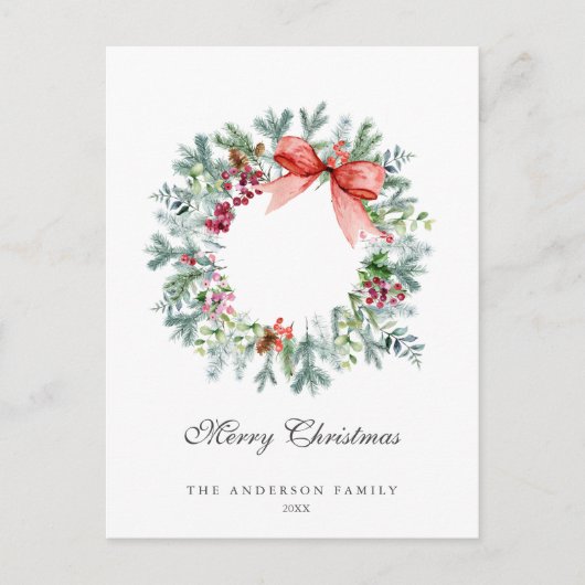 水彩エヴァグリーンアンドホリーベリーズリース シーズンポストカード (正面)