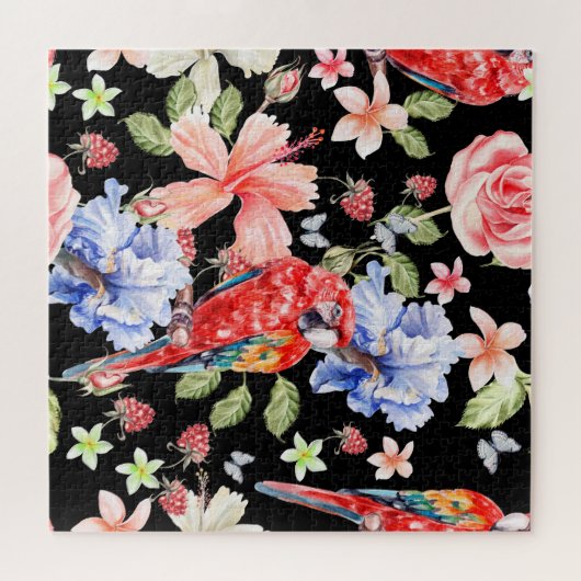 水彩オウム:フローラルパターンロマンス。 ジグソーパズル (横)