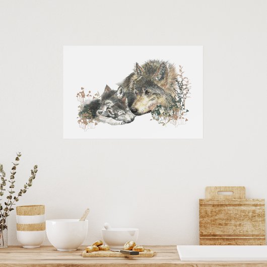 水彩オオカミの母と子のアート ポスター (キッチン)