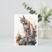 水彩オオヤマネコが岩に座る ポストカード (スタンド正面)