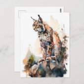 水彩オオヤマネコが岩に座る ポストカード (正面/裏面)