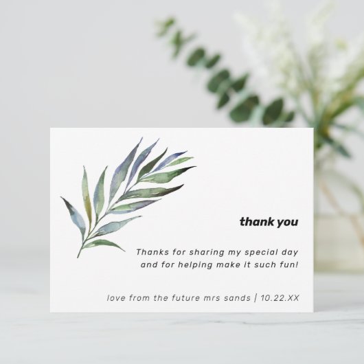 水彩オリーブの枝のグリーン ウェディングシャワー サンキューカード (スタンド正面)