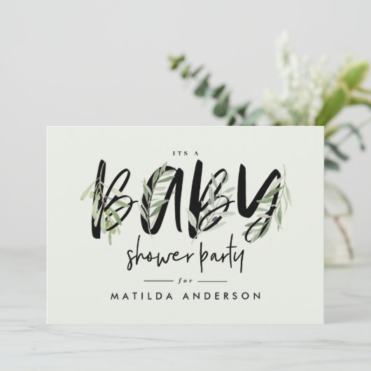 水彩オリーブの枝の葉ベビーシャワーパーティー 案内状 (スタンド正面)