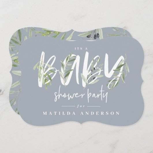 水彩オリーブの枝の葉ベビーシャワーパーティー 案内状 (正面/裏面)