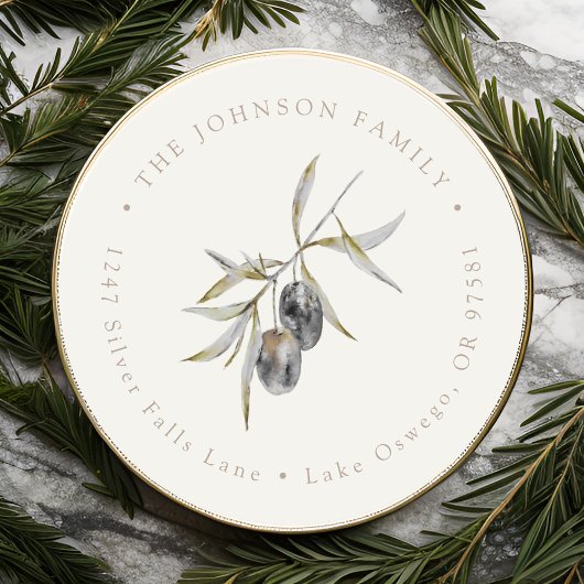 水彩オリーブの枝 返信先住所 ラウンドシール