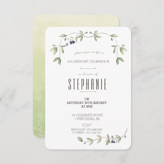 水彩オリーブの葉のつるの招待状 招待状 (正面/裏面)