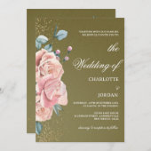 水彩オリーブグリーンと赤面ピンク結婚ズ 招待状 (正面/裏面)