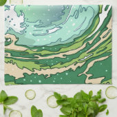 水彩オリーブフォレストグリーンターコイズシーウェーブス キッチンタオル (折り畳み)