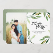 水彩オリーブブランチ写真で日付を保存 セーブザデート (正面/裏面)