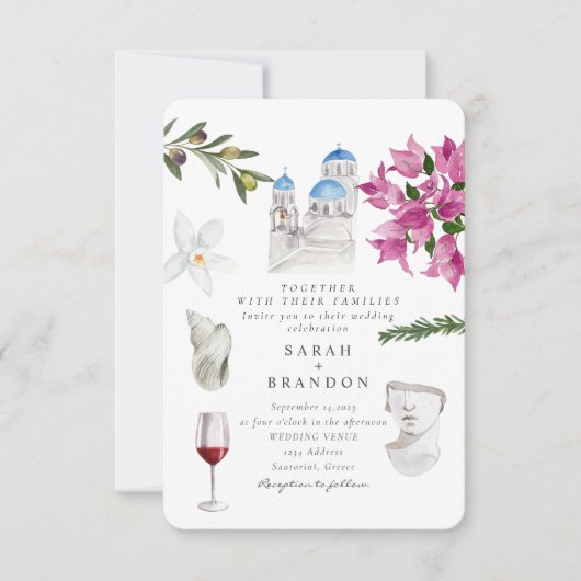 水彩オリーブブルータイルギリシャ結婚ズ 招待状 (正面)