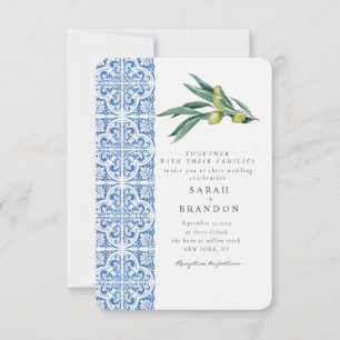 水彩オリーブブルー地中海のタ結婚イル 招待状