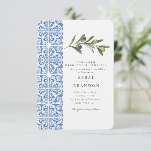 水彩オリーブブルー地中海のタ結婚イル 招待状 (スタンド正面)