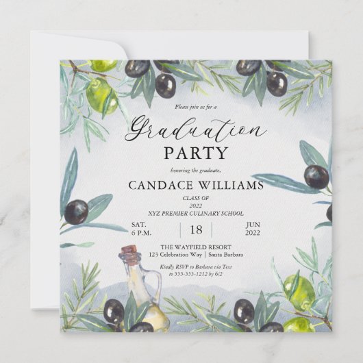 水彩オリーブ料理学校卒業パーティー 招待状 (正面)