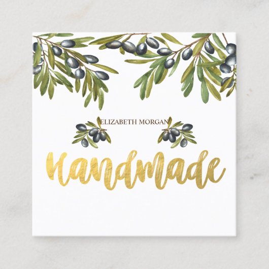 水彩オリーブ枝手作りスクエア スクエア名刺 (正面)