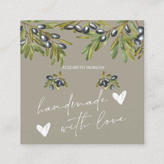 水彩オリーブ枝手作りハート スクエア名刺 (正面)