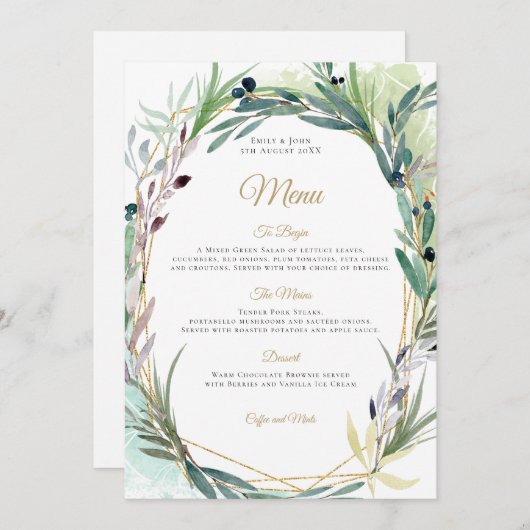 水彩オリーブ葉の幾何学模様結婚枠 メニュー (正面/裏面)
