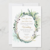 水彩オリーブ葉リース幾何結婚品 招待状 (正面)