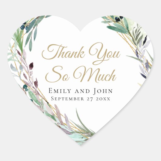 水彩オリーブ葉幾何学的結婚式の引き出物 ハートシール (正面)