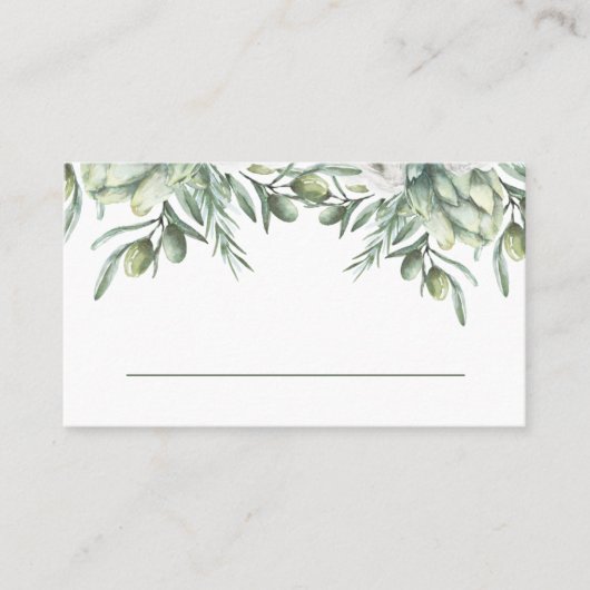 水彩オリーブ。エレガント結婚イタリアン プレイスカード (正面)