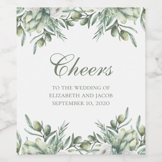 水彩オリーブ。夏のフローライタリアン結婚の ワインラベル (シングルラベル)