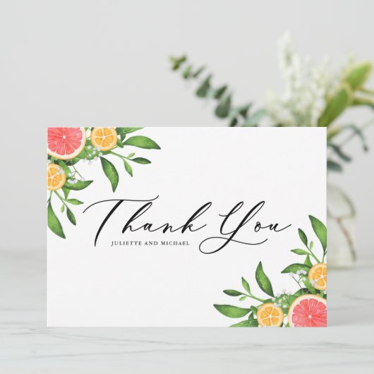 水彩オレンジとグレープフルーツのボーダー サンキューカード (スタンド正面)