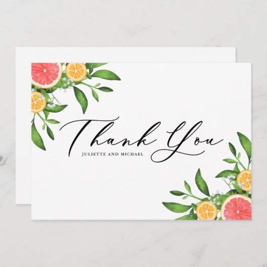 水彩オレンジとグレープフルーツのボーダー サンキューカード (正面/裏面)