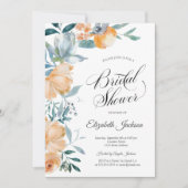 水彩オレンジとダスティーブルーの花のウェディングシャワー 招待状 (正面)