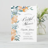 水彩オレンジとダスティーブルーの花のウェディングシャワー 招待状 (スタンド正面)