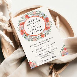 水彩オレンジとパープルの花輪の結婚式 招待状