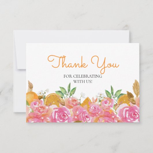 水彩オレンジとピンクのフローラありがとう カード (正面)