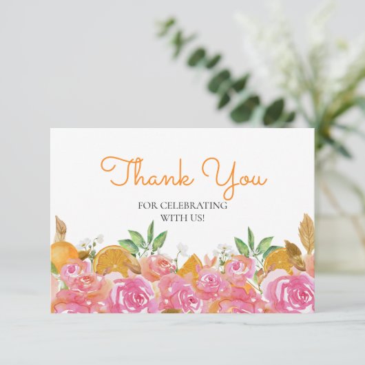 水彩オレンジとピンクのフローラありがとう カード (スタンド正面)