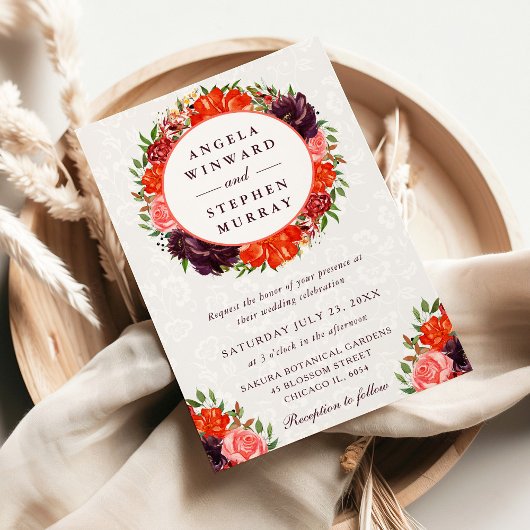 水彩オレンジとブラウンリース結婚ズ 招待状