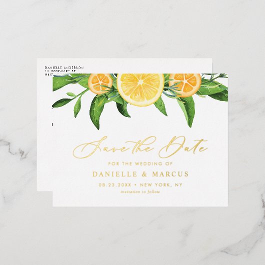 水彩オレンジとレモン夏 箔招待状ポストカード (正面/裏面)