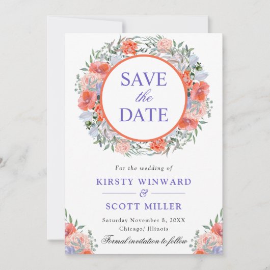 水彩オレンジと紫のリース結婚ズ セーブザデート (正面)