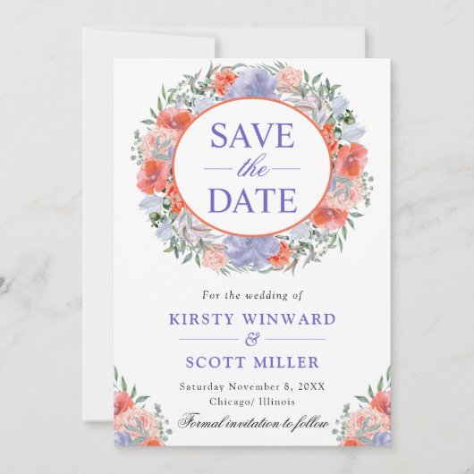 水彩オレンジと紫のリース結婚ズ セーブザデート (正面)