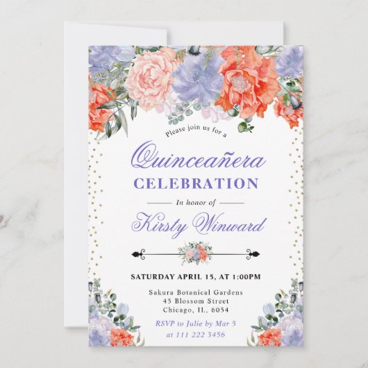 水彩オレンジと紫の花キンセアニェラ 招待状 (正面)
