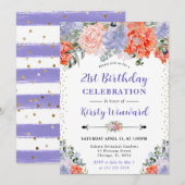 水彩オレンジと紫の花21歳の誕生日 招待状 (正面/裏面)