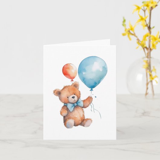 水彩オレンジと青の風船 茶色のクマのぬいぐるみ カード (黄色い花)