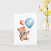 水彩オレンジと青の風船 茶色のテディベア カード (黄色い花)