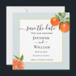 水彩オレンジのアクアボーダー ウェディング セーブザデート<br><div class="desc">爽やかなウェディングのSave the dateカード。水彩で描かれたオレンジの柑橘類のイラストが、淡いアクアのボーダーで縁取られている。夏のウェディングにぴったり。</div>
