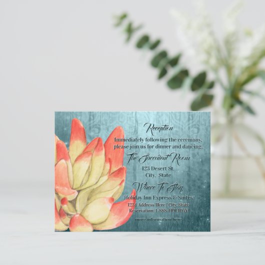 水彩オレンジの先端がついた多肉植物のターコイズブルーの受付 エンクロージャーカード (スタンド正面)