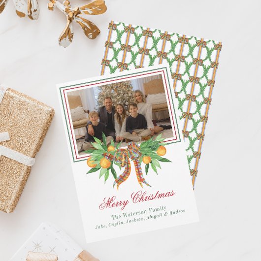 水彩オレンジの格子柄ボーガーランド写真 シーズンカード