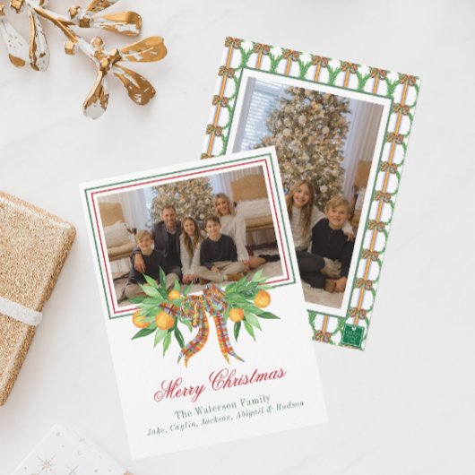 水彩オレンジの格子柄ボーガーランド写真 シーズンカード