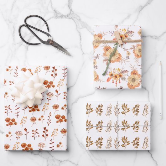 水彩オレンジの花 フラワーリーフ ボヘミア  ラッピングペーパーシート (正面)