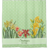 水彩オレンジイエローフラワーグリーン水玉模様 シャワーカーテン (正面)