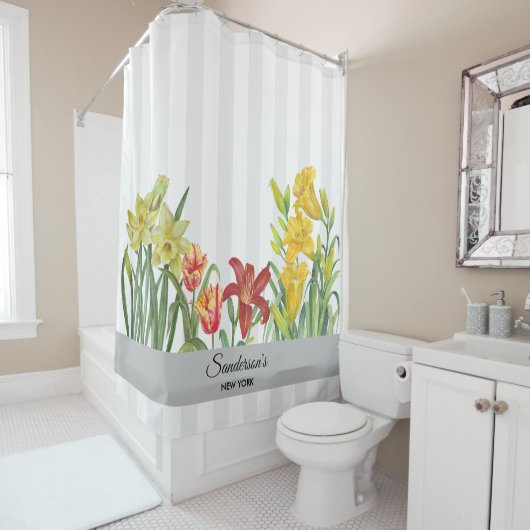 水彩オレンジイエローフラワーストライプズ シャワーカーテン (インサイチュ)